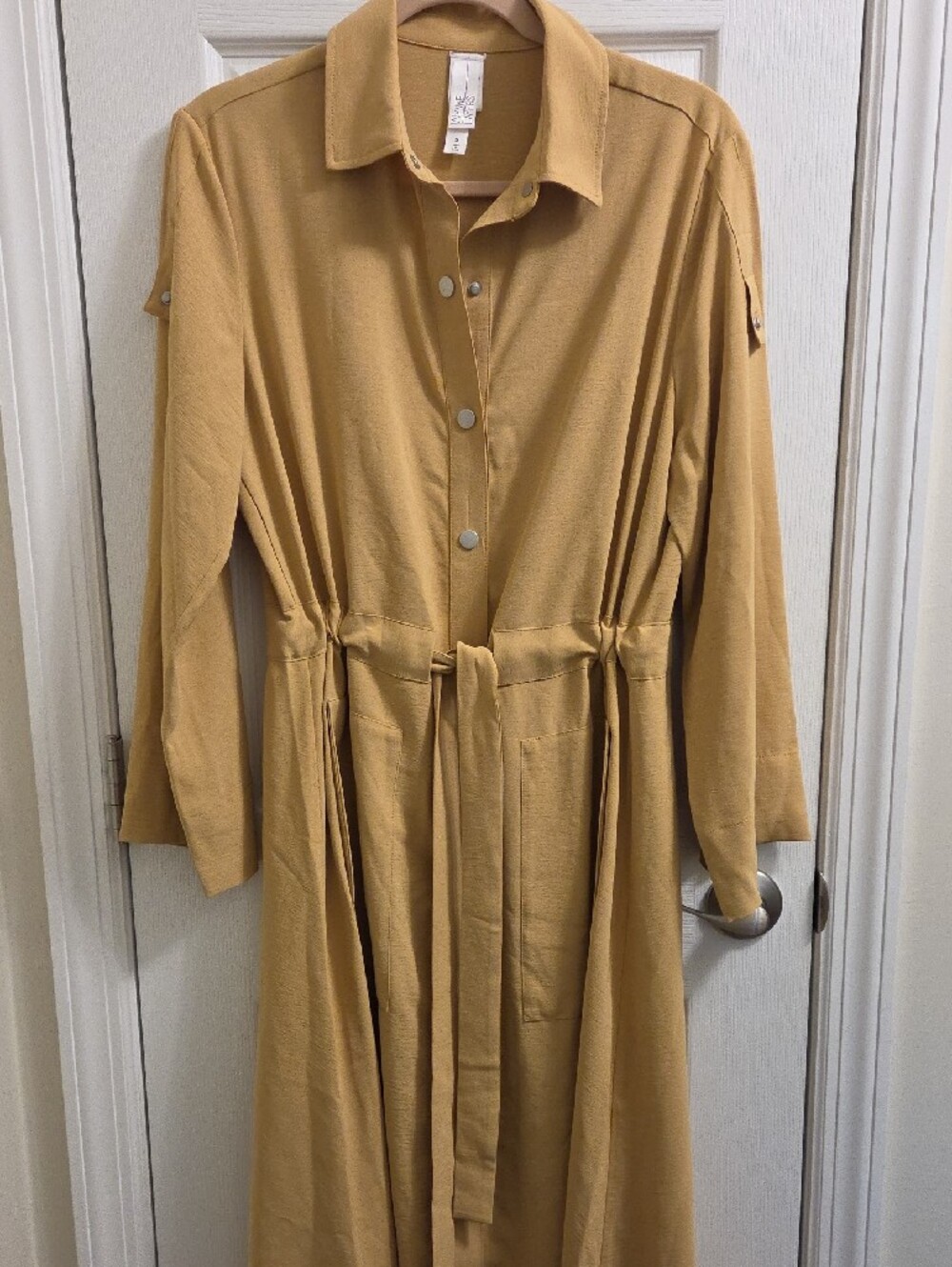 Casual Long Button-Front Maxi Dress in Mustard with Self-Tie Waist